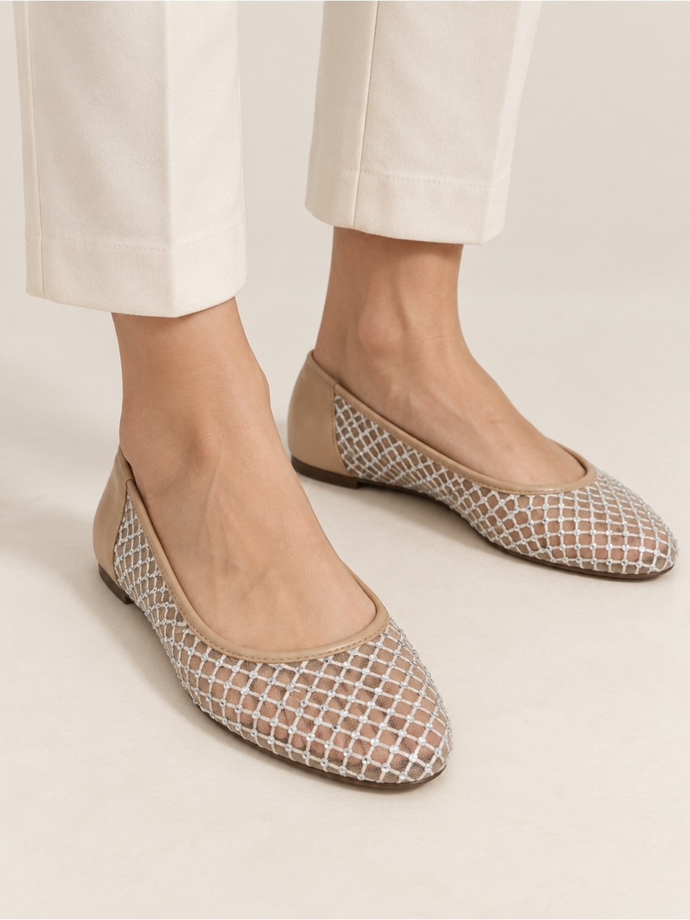 Women’s Beige Rhinestone Mesh Ballet Flats Round Toe Slip On Dress Shoes 6.5M